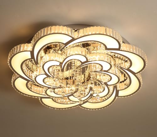 Dia 32'' Modern K9 Crystal Chandelier Flush Mount Ceiling Light Fixture Dimmable LED Chandelier for Living Room Dinning Room Bedroom (Silver / Dia 32'')