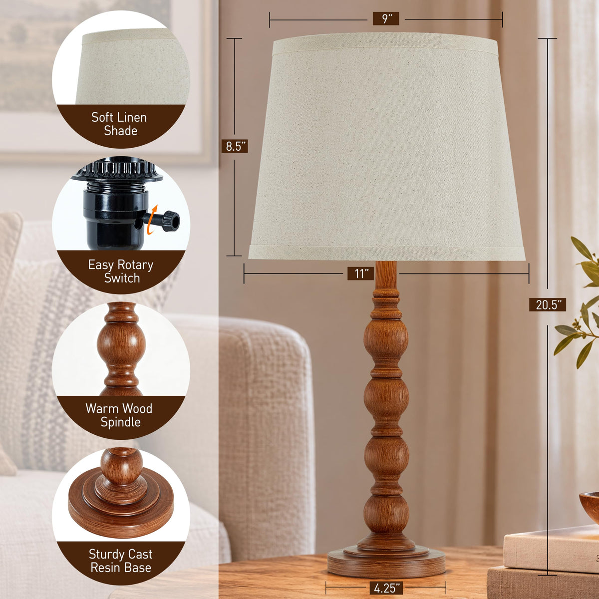 21" Farmhouse Table Lamps Set of 2 (Dark Brown)