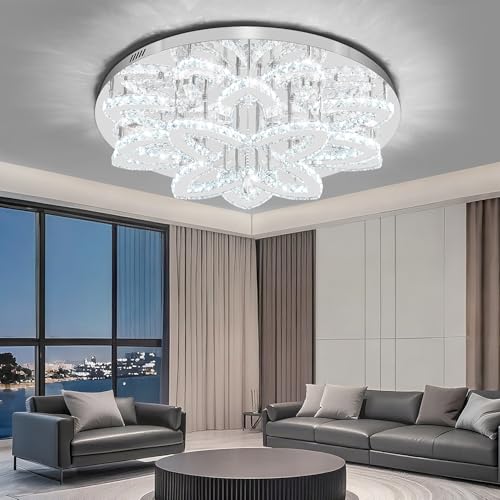 Dia 32" Modern Chandeliers for Living Room Crystal Ceiling Chandelier Round Chandeliers for Dining Room Bedroom Living Room Entryway Silver Flush Mount Crystal Ceiling Light with Remote (Silver / Dia 32")