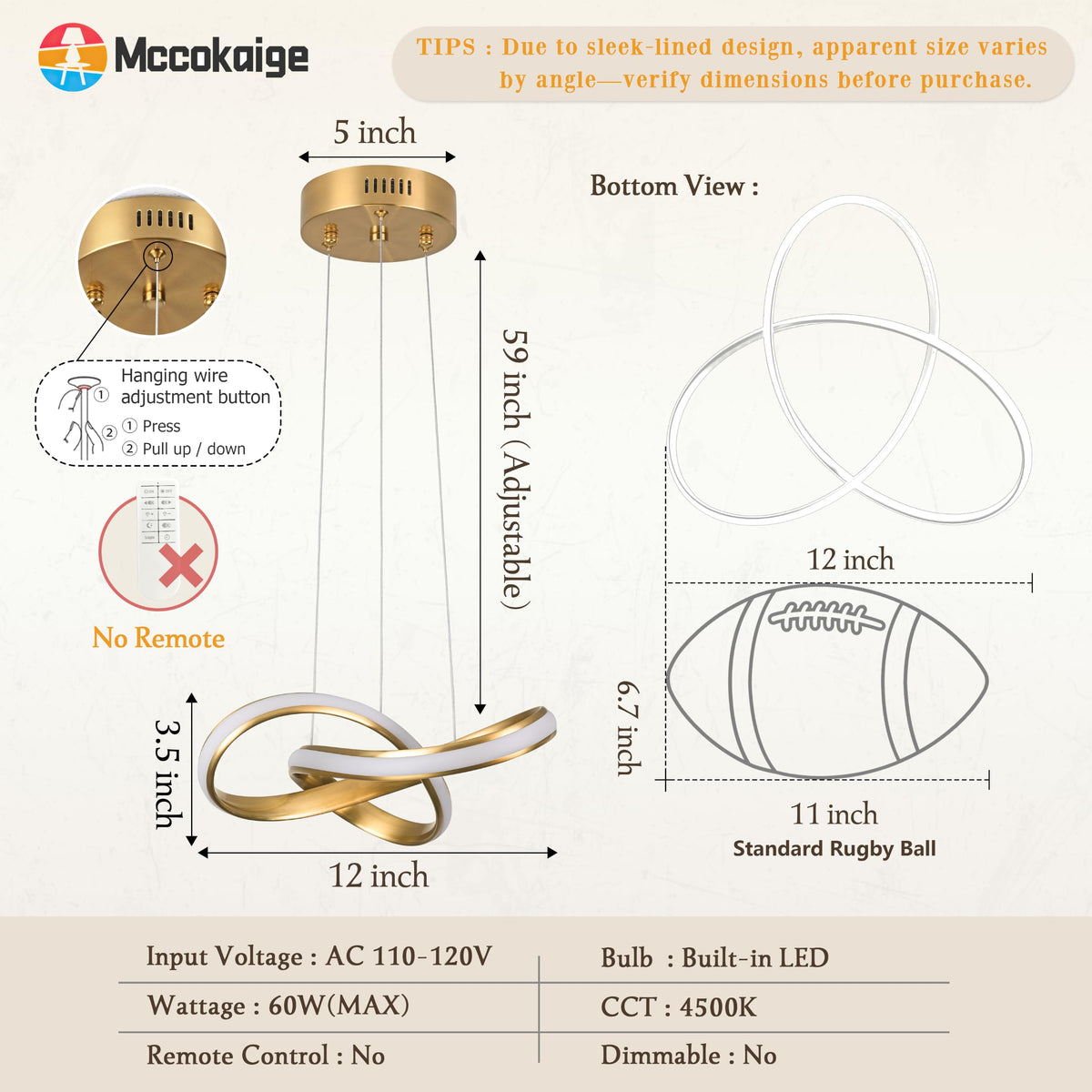 Modern LED Chandelier Contemporary Pendant Lighting Ring Light Fixture Gold with 4500K and 59in Height Adjustable Hanging Lamp for Kitchen Island Hallway Foyer Closet Corridor (Gold / 12 Inch)