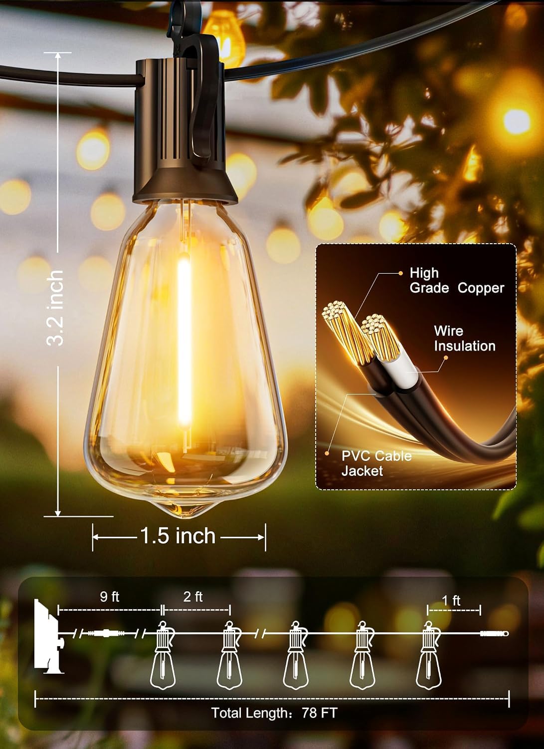 78FT Solar String Lights Outdoor (78FT(35+1 Sockets))