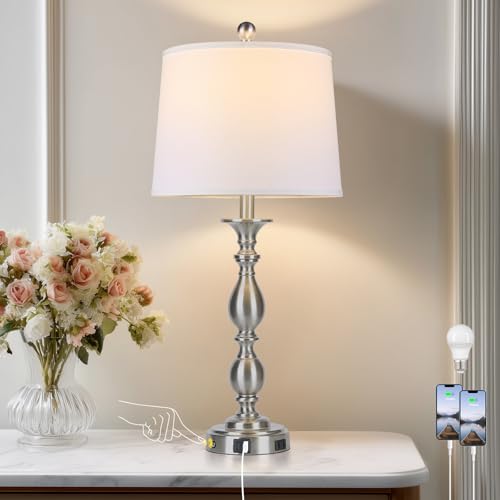 28" Tall Modern Table Lamp with USB A+C Ports and AC Outlet (Silver- 1 Pack)