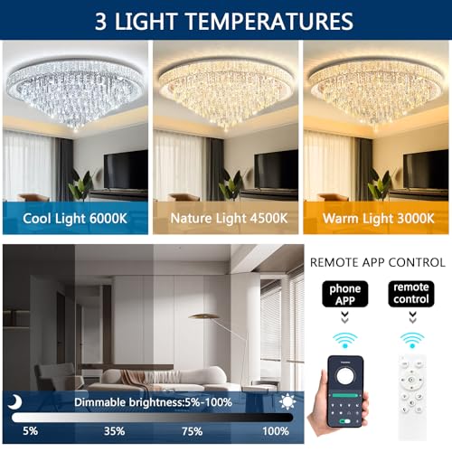 47" Modern Chandeliers LED Dimmable Crystal Flush Mount Ceiling Chandeliers for Living Room High Ceiling Entrance Foyer Lobby Bedroom Silver (Silver / 47.2" Width)