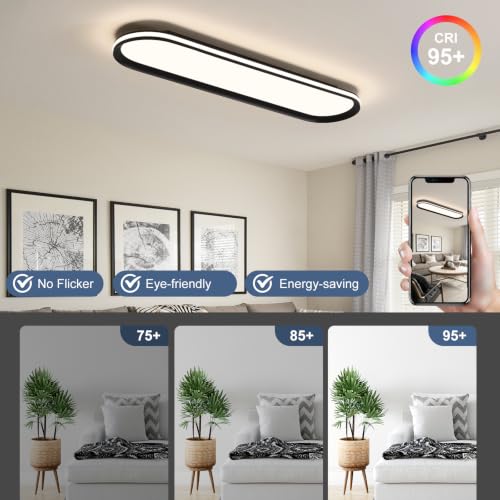 Modern LED Ceiling Light Dimmable Linear Ceiling Light 39.4in Semi Flush Mount Long Lights with Remote Control and Side Lighting for Living Room Kitchen Dining Room