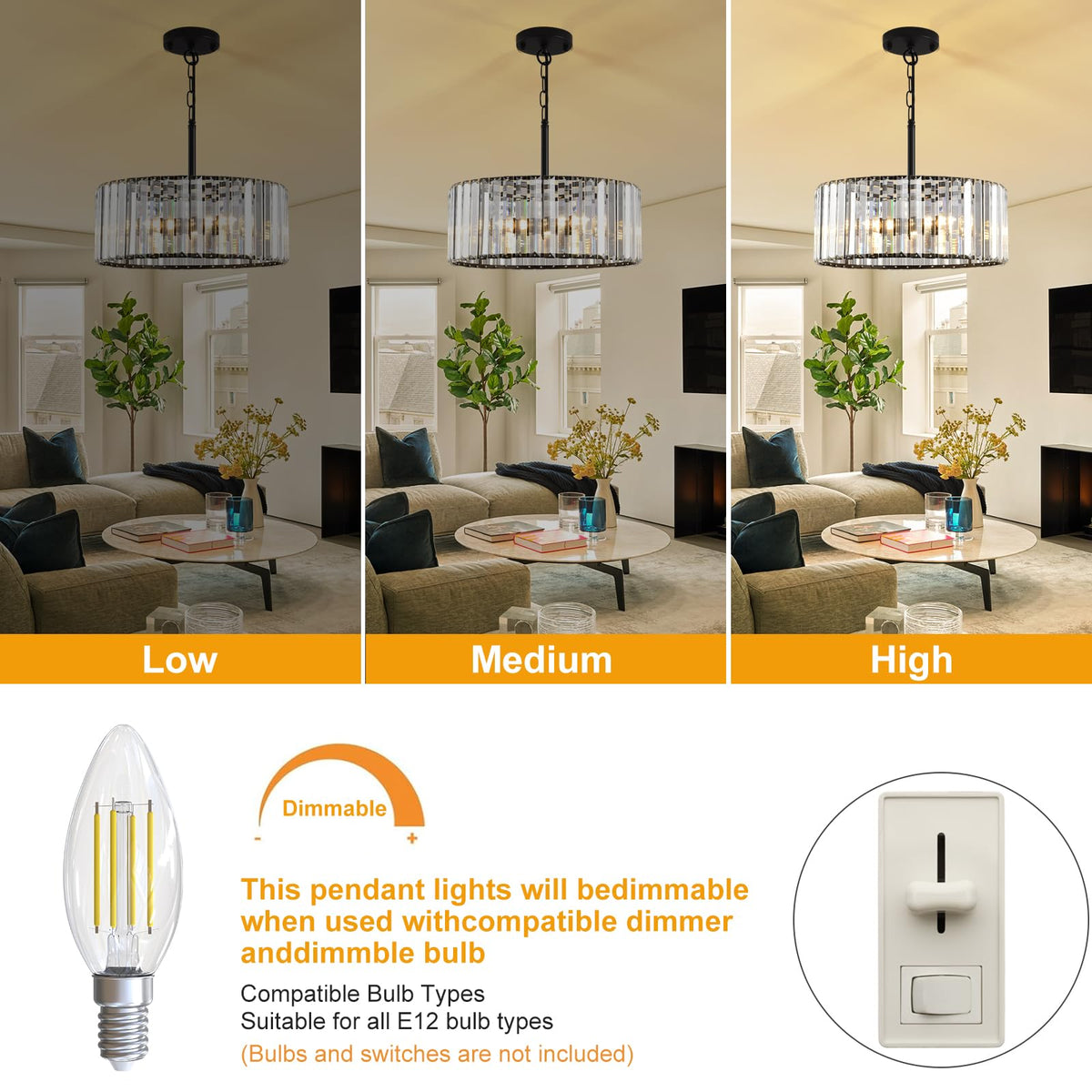 15" Modern Crystal Chandelier for Dining Room (01-Matte Black (No Assembly Required))