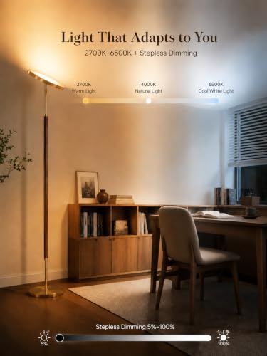 Wood LED Torchiere Floor Lamp with Remote (Walnut Wood & Brushed Brass)