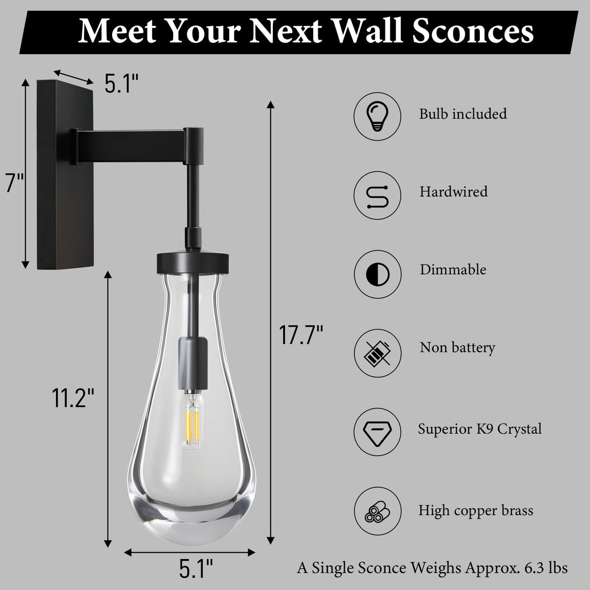 Raindrop Brass Crystal Wall Sconce (Classic Black / 1 Pack)