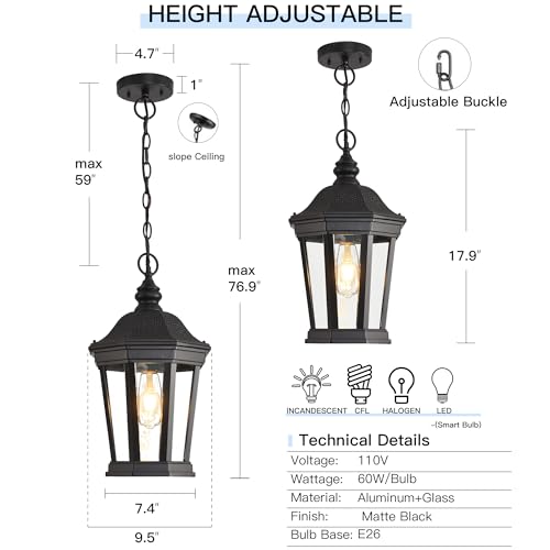 Large Outdoor Pendant Light 17.9" Black Hanging Lantern Lights (Black & Clear Glass / 17.9 inch-Pendant)