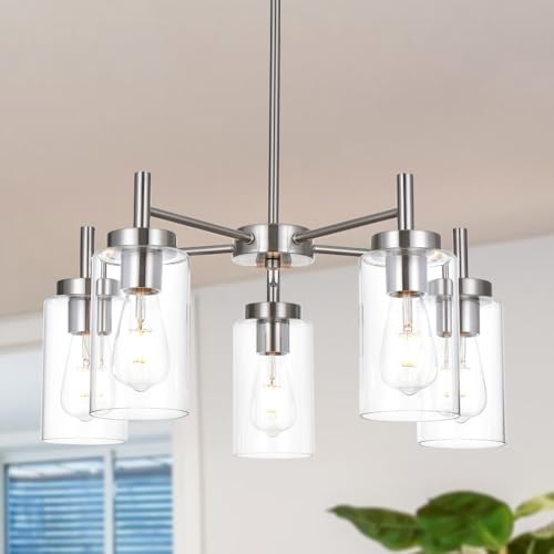 Contemporary 5 Light Large Chandeliers Modern Clear Glass Shades Pendant Lighting Brushed Polished Nickel Dining Room Lighting Fixtures Hanging Adjustable Wire Semi Flush Ceiling Lights (Brushed Ni...