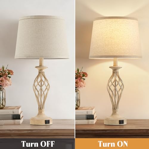 Table Lamp for Bedroom Set of 2 with USB C+A Ports (Beige Base + Light Oat Color Shade)