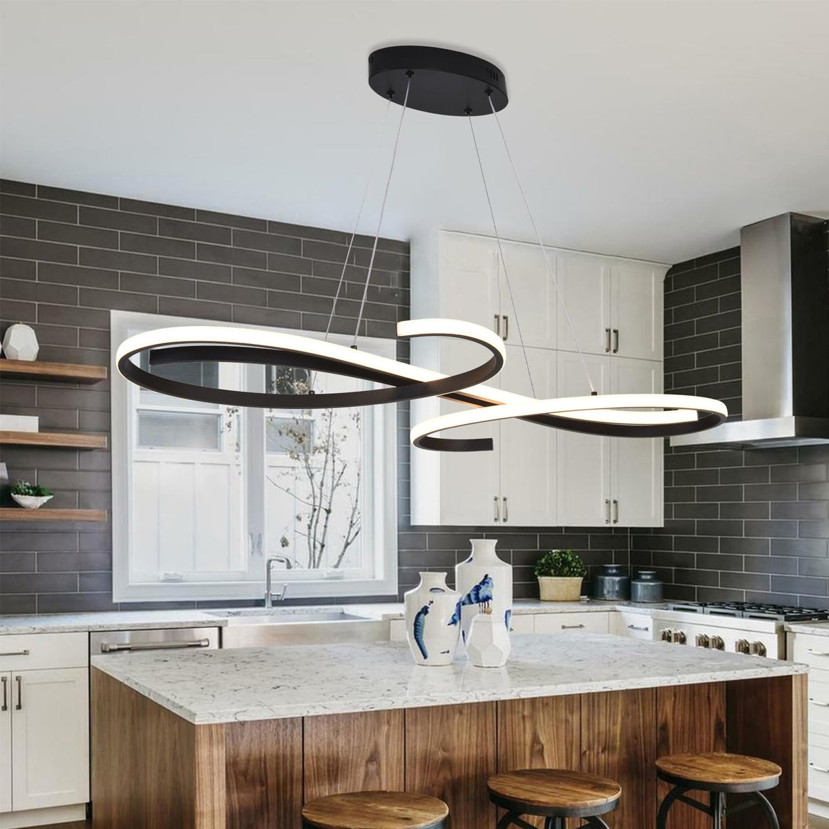 Black Modern Led Chandelier Dimmable Pendant Light Fixture (Black / 39.37in)