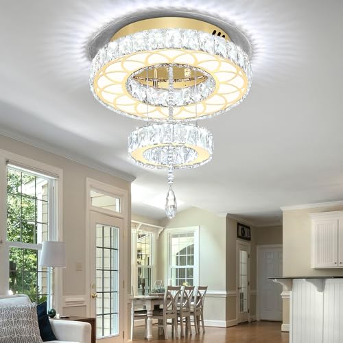 Dia 16inch Modern Gold Crystal Chandeliers Crystal Ring Chandelier for Hallway Bedroom Living Room Dining Room Dimmable LED Crystal Ceiling Light (Gold / W:16inches)