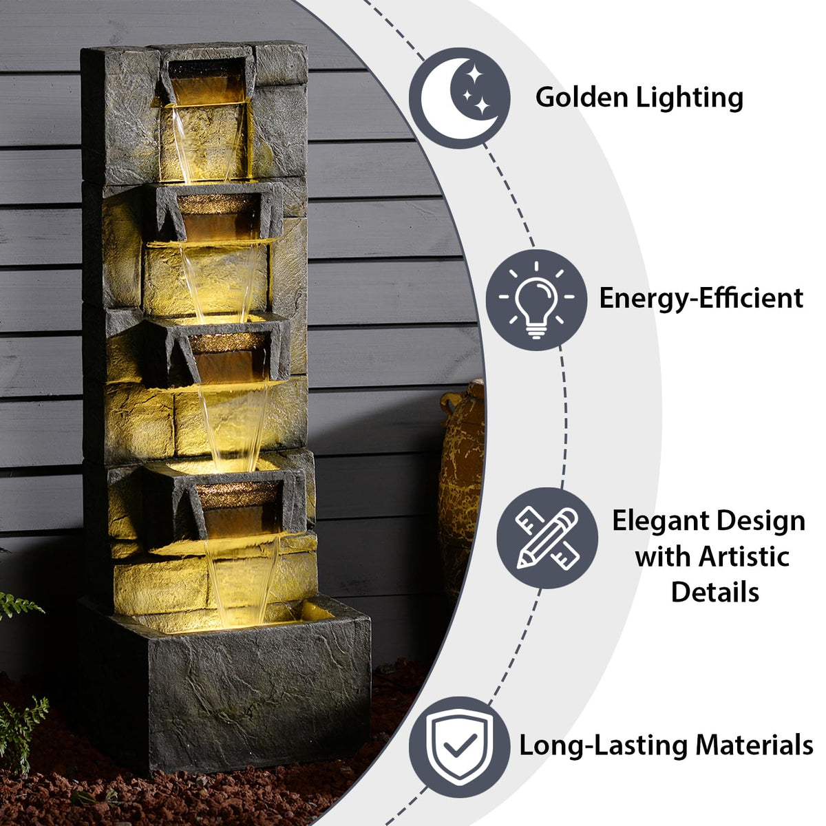 Outdoor Waterfall Fountain with LED Lights (Gray)