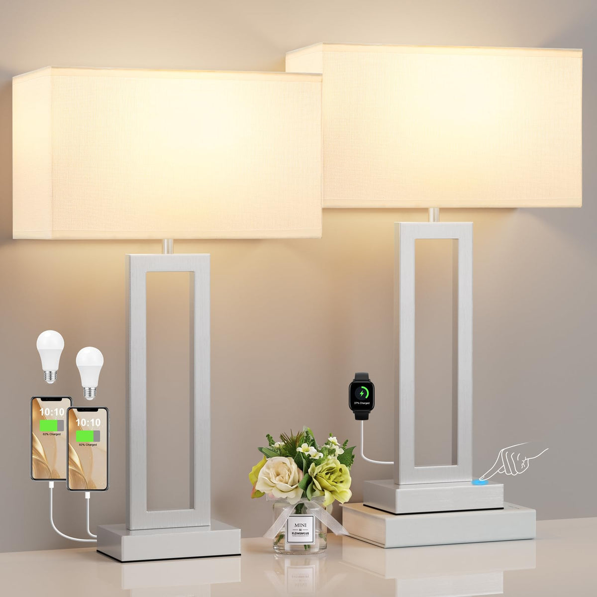 26" Tall Touch Lamps for Nightstand with USB C+A (D. White&Silver / Large(26in))