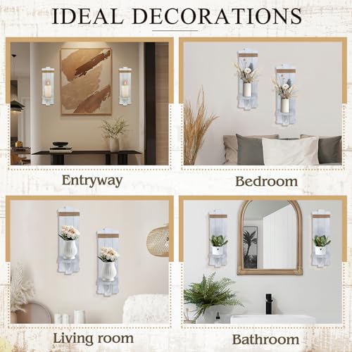 Handmade Wooden Candle Sconces Set of 2 Farmhouse Wall Decor (Grayish-white / 5.3"L x 4.7"W x 16"H)