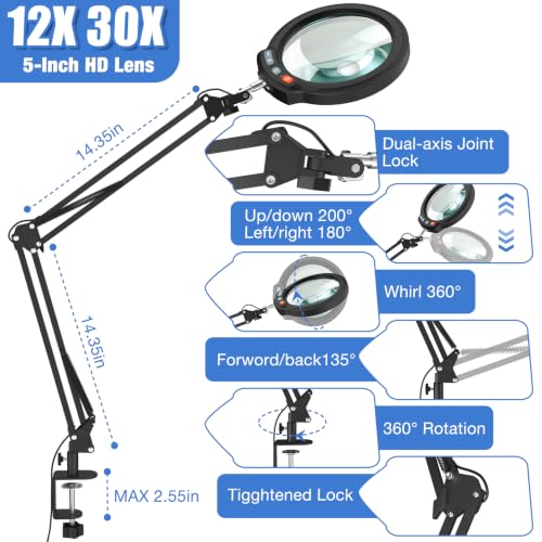 30X 12X Large Magnifying Glass with Light and Clamp