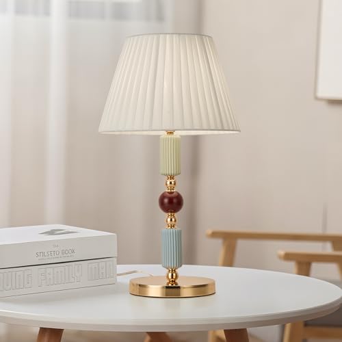 White Fabric Shade Table Lamp Modern Metal Desk Lamp with Plug Cord Switch for Bedroom Bedside (12.9in / White)