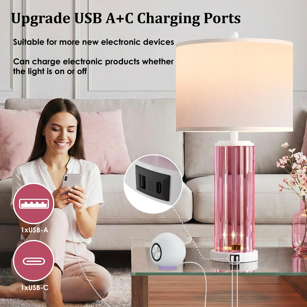 Table Lamps for Bedroom Set of 2 with Nightlight (Set of 2 (White & Pink))
