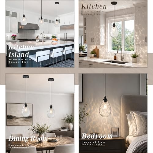 Black Glass Pendant Lights Kitchen Island 6.3" Pendant Light Hammered Clear Glass 3 Pack Height Adjustable Modern Hanging Pendant Lights for Dining Room Bedroom Hallway Sink Bulbs Incl (Black, 3 PK / 6.3 Inch)