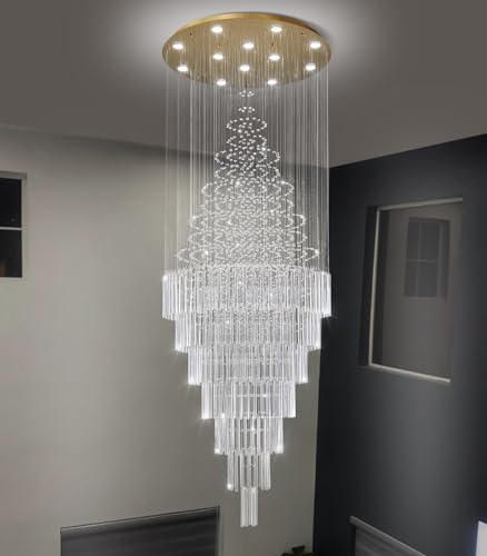 W32 x H120 Glam Chandelier with LED Bulbs Crystal Raindrop High Ceiling Pendant Light for Entrance Large Villa Chandelier Foyer Lighting Fixtures Gold (Gold / Round W32" X H118")