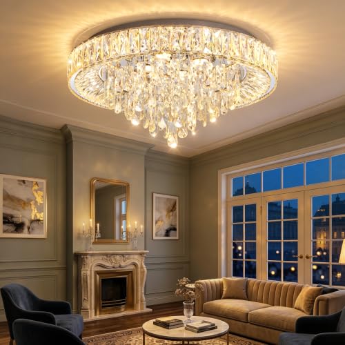 23.6" Modern Crystal Chandeliers LED Dimmable Flush Mount Ceiling Chandeliers for Living Room Entrance Foyer Bedroom Silver (Silver / 23.6" Width)
