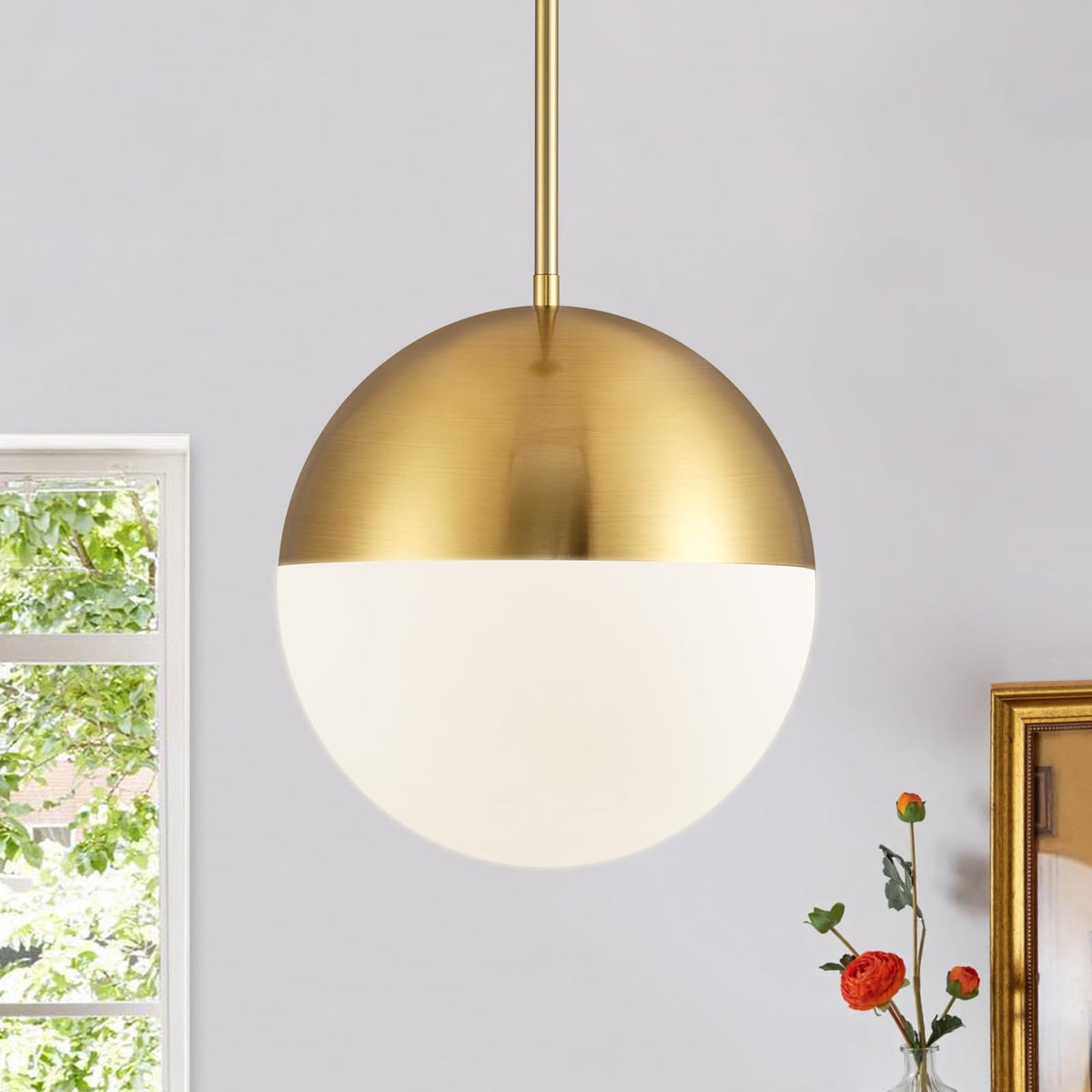 10in Glass Gold Pendant Light Globe Mid Century Modern Kitchen Island Pendant Lighting Brass Frosted Glass Hanging Light Fixtures Milky White Ball Pendant Lights for Dining Room Entry Bathroom (Gold & Milky White)