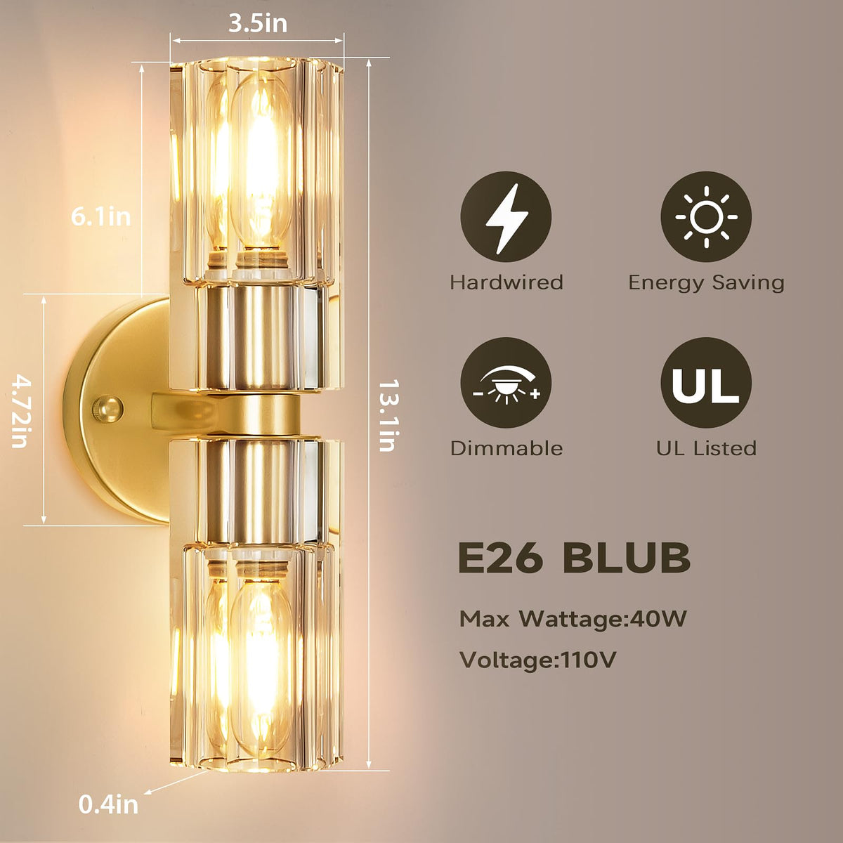 Brass Bathroom Vanity Wall Sconces (Brass-Crystal / 13"-1 Pack)