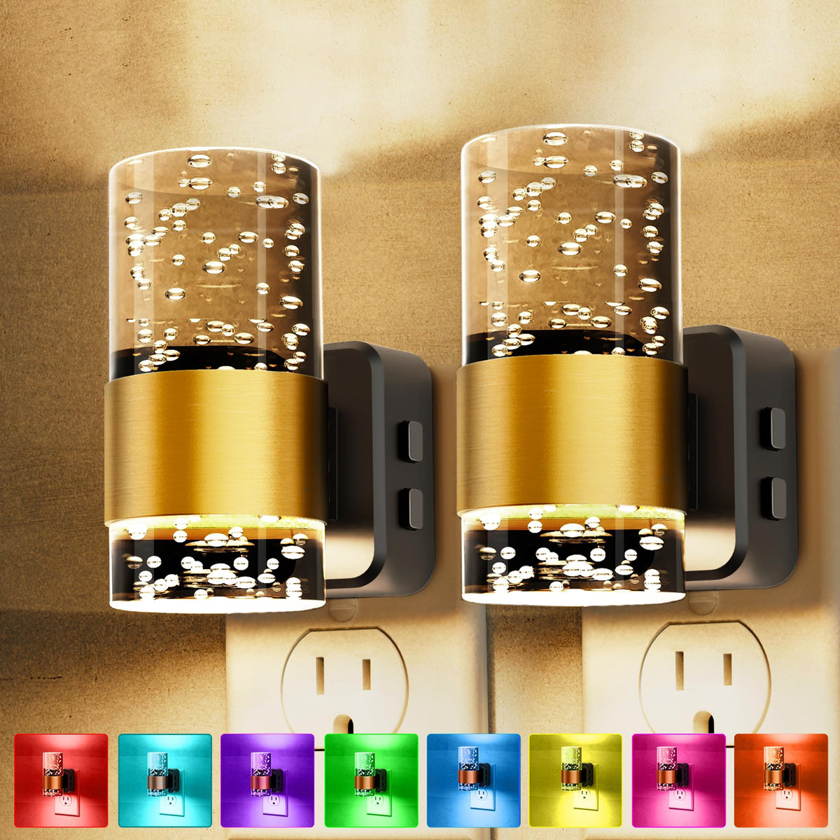 Night Lights Plug into wall (Gold Ring-RGB / 2 Pack)