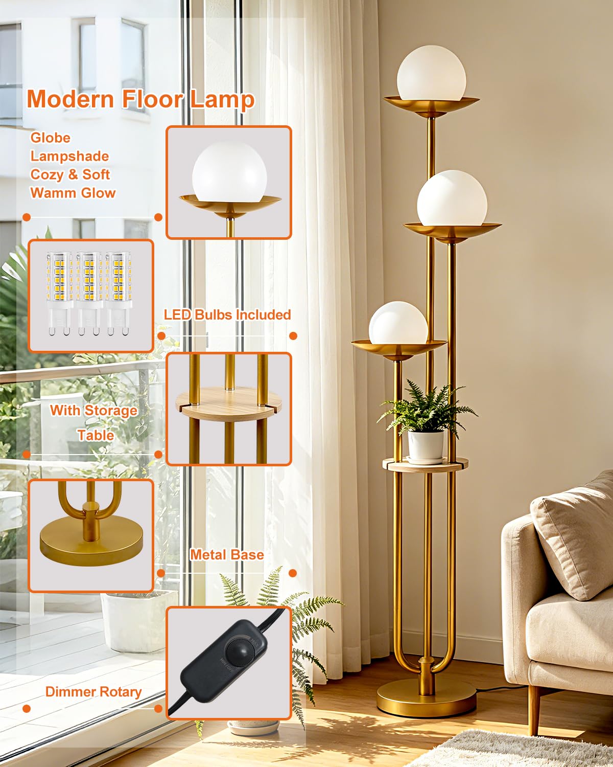 63IN Globe Floor Lamp with Shelf 3 (Gold-3UL)