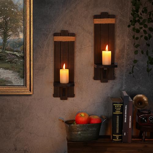 Handmade Wooden Candle Sconces Set of 2 Farmhouse Wall Decor (Black / 5.3"L x 4.7"W x 16"H)