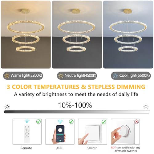 Crystal Chandelier Modern Dimmable LED Ceiling Light Fixture with Remote 3 Rings Stainless Steel Pendant Lighting for Living Room Dining Room Foyer Gold (Gold / 3-Ring 32")