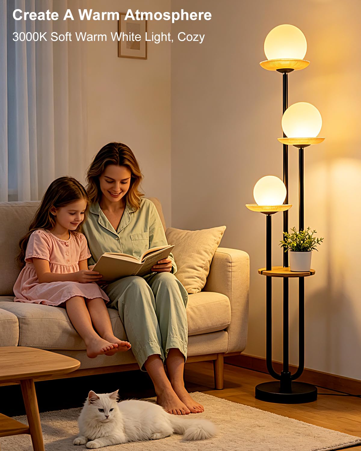 3 Globe Floor Lamp with Amber Glass Tray Black Dimmable Tall Lamp (Brown-3U Black)