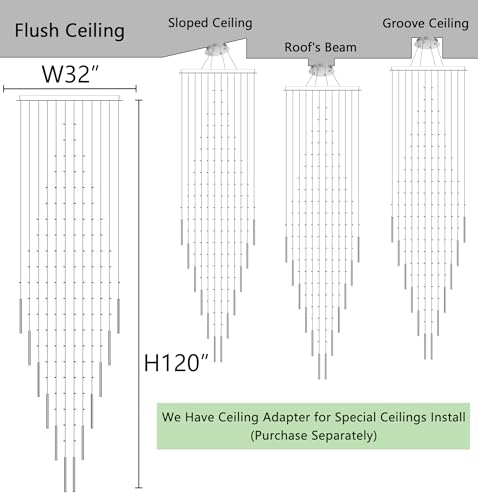 W32 x H120 Glam Chandelier with LED Bulbs Crystal Raindrop High Ceiling Pendant Light for Entrance Large Villa Chandelier Foyer Lighting Fixtures Silver (Silver / Round W32" X H118")