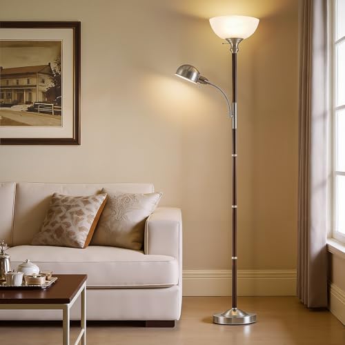 72" Wood Torchiere Floor Lamp with Glass Shade Walnut Standing Lamp (Dark Walnut)