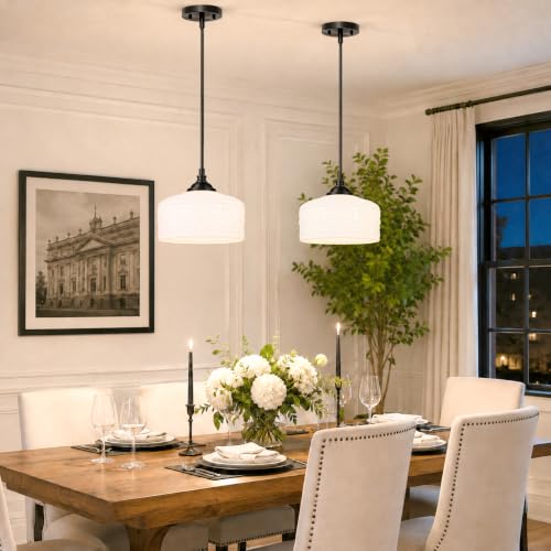 Black Vintage Pendant Light for Island Glass Kitchen Pendant Light (Black+White Patterned Glass / 9.45in)