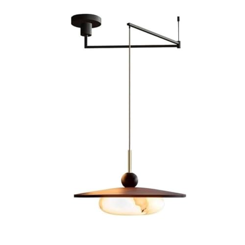 Modern Swing Arm Pendant Light Faux Alabaster Glass Shade Ash Wood Base Walnut Rotating Ceiling LED Lamp 3 Color Dimmable Dining Room Kitchen Interior Home Decor Lighting