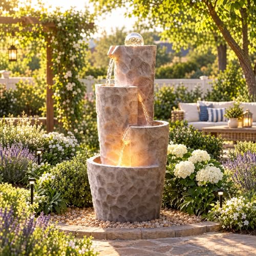 4 Tier Outdoor Water Fountain LED Crystal Ball Cascading Waterfall (White Cream 28"h)