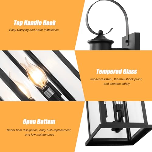24" Extra Large Outdoor Wall Light Fixture Modern Porch Lantern (Black / No Sensor)
