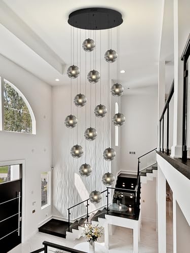 H138 Modern Smoke Gray Glass Globe Chandelier Large Chandeliers for High Ceiling 15 (Smoke Grey / Globe 15-Light)