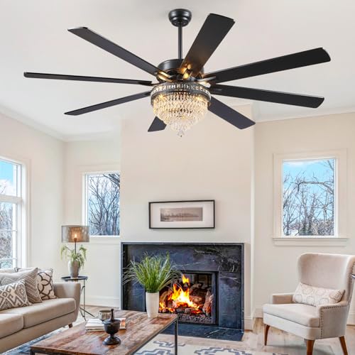 72 Inch Black Large Crystal Chandelier Ceiling Fans with Lights and Remote (Black-72IN)