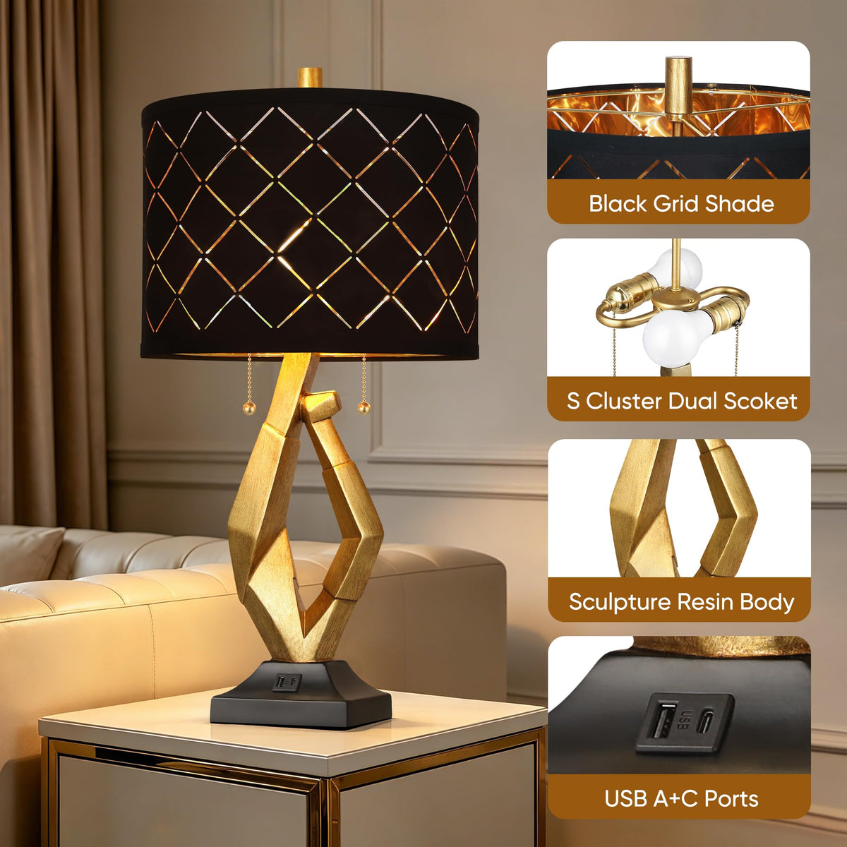 Modern Black and Gold Table Lamps Set of 2 with Dual Pull Chains Switch (Gold 1- Black Grid Shade)