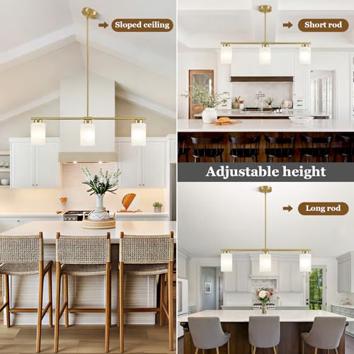 3 Light Gold Kitchen Island Lighting 31" Pendant Light with Milk Glass Shade Adjustable Height Linear Chandelier for Dining Room Modern Farmhouse Light Fixture Over Table Bar Living Room Foyer (Gold / 3-light)