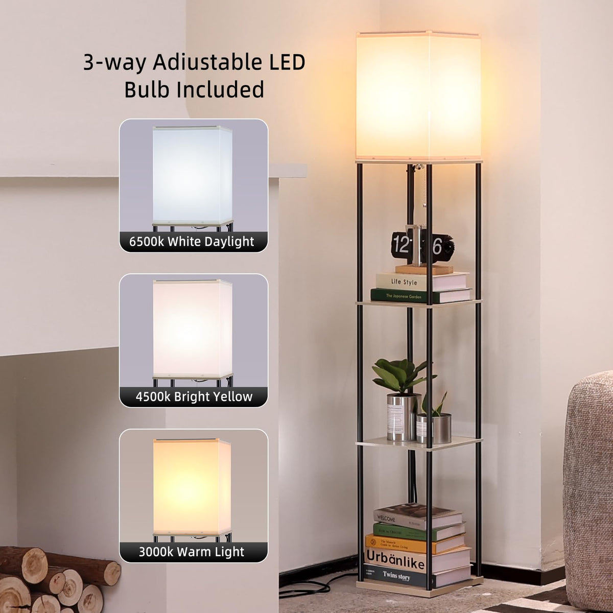 Floor Lamp with Shelves (Beige+Black-1 Pack)