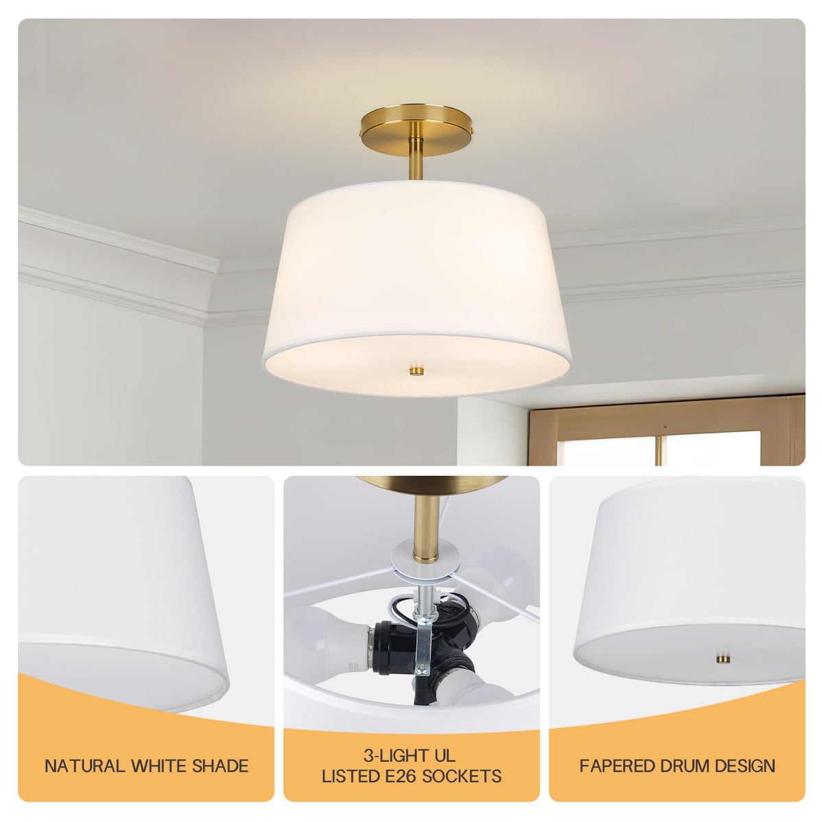 Modern Cone Shaped Semi Flush Mount Ceiling Light Fixture (Cone-White)