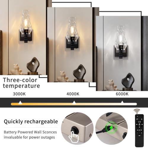 Vintage Battery Operated Wall Sconces Set of 2 (Water Ripple Black / Battery Operated)