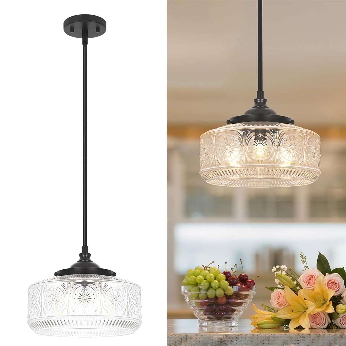 Black 3 Light Pendant Lights Kitchen Island Adjustable Hanging Sink Light (Black+Clear Glass / 11.8in)