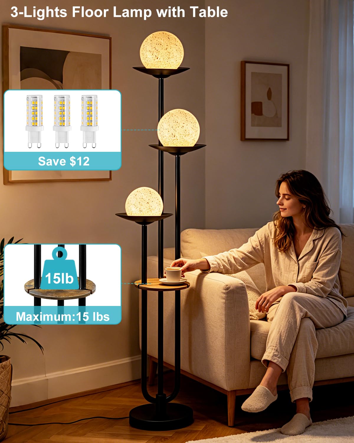 Globe Floor Lamp with Tray&Table 3 (Black-3UL1)