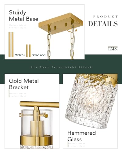 4 Light Brushed Gold Island Chandelier Lights for Kitchen (Gold -Hammered Glass / 3.5" Hammered Glass, 4-Light)
