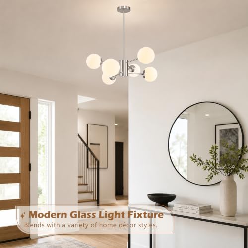 6-Light Mid-Century Modern Nickel Sputnik Chandeliers Dining Room (Milk, Nickel, M)
