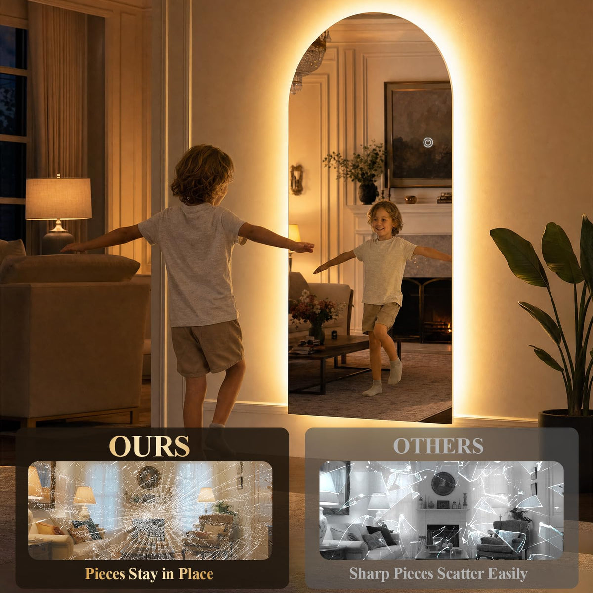 71"x30" Large LED Arched Mirror Full Length with Dimmable Lights (Frameless / 71"L x 30"W)